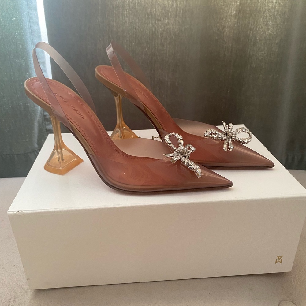 Amina Muaddi Rosie Glass Nude Sling 37 7 New